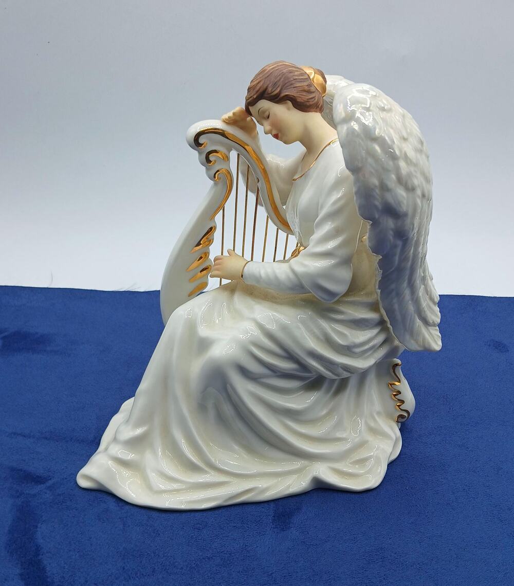 O'Well Grandeur Noel Porcelain Angel Playing a Harp Figurine